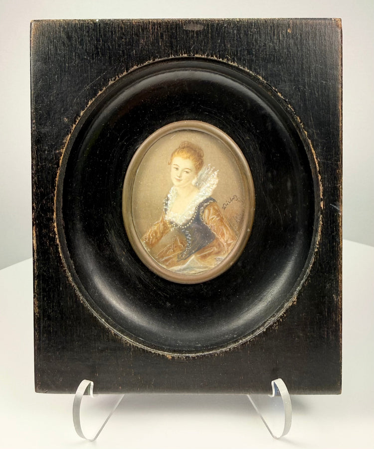 Continental miniature portrait of young woman in lace ruff, ebonized frame