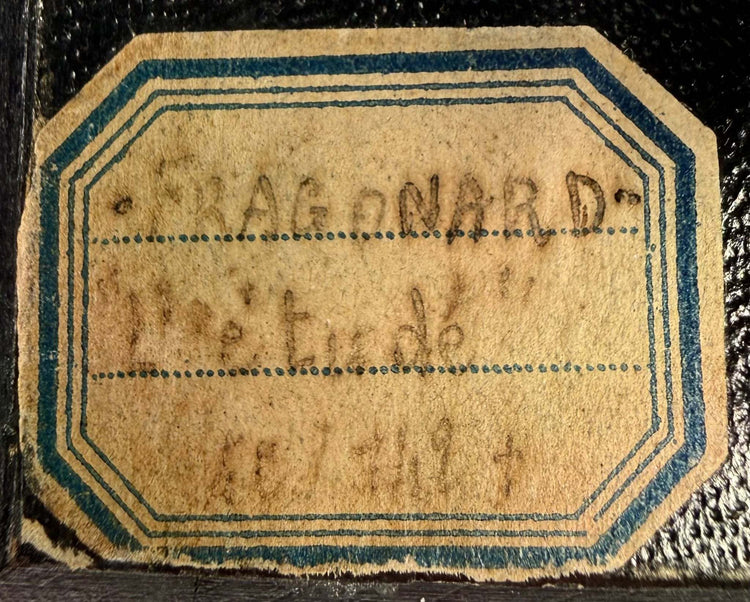 Close-up of Fragonard label on 19th century miniature portrait frame