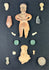 Museum-style shadow box displaying fourteen Pre-Columbian terracotta, stone, and shell artifacts, shown without glass for clear detail visibility.