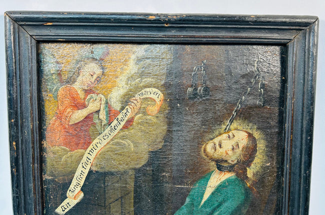 Central European folk Baroque devotional painting of Christ bound and seated