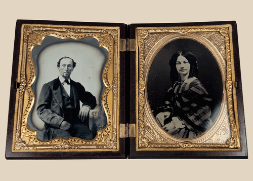 Double quarter-plate ambrotype portraits in an ornate thermoplastic union cas