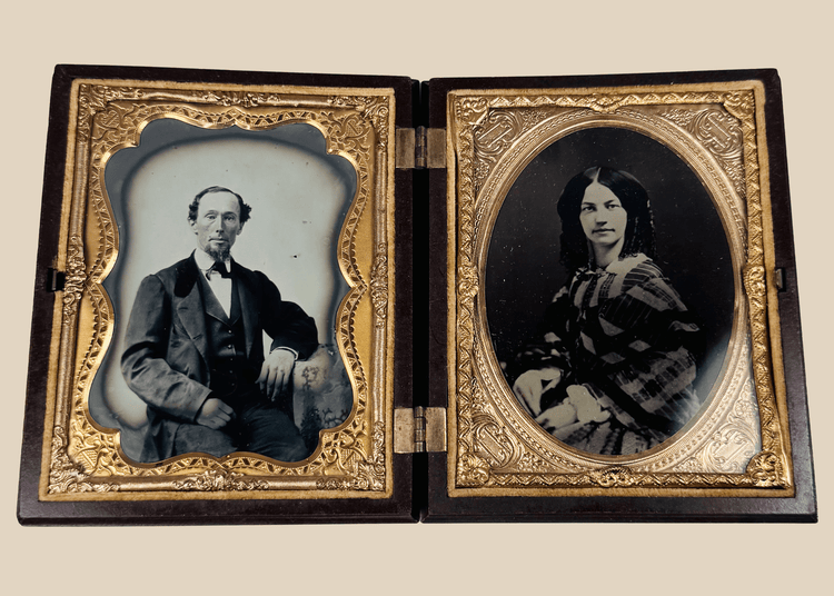 Double quarter-plate ambrotype portraits in an ornate thermoplastic union cas