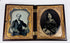 Rotating view of a mid-19th-century double ambrotype set with portraits of a Victorian gentleman and young woman, gilt brass mats, velvet lining, and an ornate molded thermoplastic union case