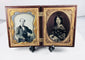 Rotating view of a mid-19th-century double ambrotype set with portraits of a Victorian gentleman and young woman, gilt brass mats, velvet lining, and an ornate molded thermoplastic union case