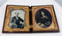 Antique Victorian ambrotype portrait pair with gilt brass mats and velvet lining