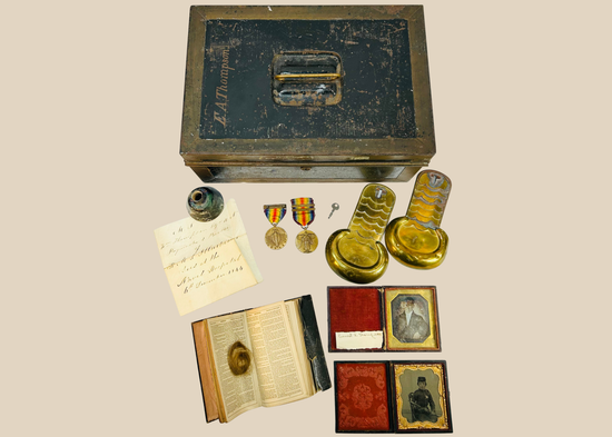 19th-century named iron strongbox containing preserved multi-generation military family archive