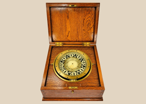 Antique brass ship compass by E.S. Ritchie, mounted in a fitted wooden case, originating from a Canadian political estate; nautical navigation instrument with original glass face, engraved directional markers, and aged patina, representing 19th–20th century maritime craftsmanship and provenance-linked historical significance.