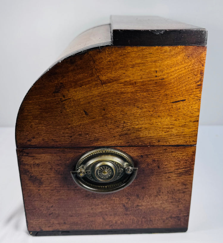 Brass side handle and mahogany case detail on early 19th century Georgian boxed decanter set