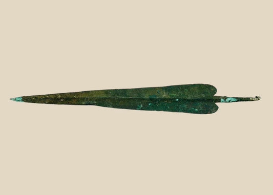 Ancient Cypriot bronze spear with finely crafted leaf-shaped blade and hooked tang, Early Bronze Age, circa 2500–1900 BCE.