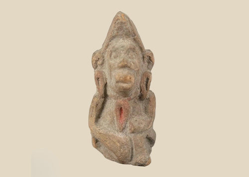 3rd–6th century CE South Asian terracotta figurine, hand-molded anthropomorphic votive figure from Northern India, with stylized facial features and traces of pigment, mounted on display base
