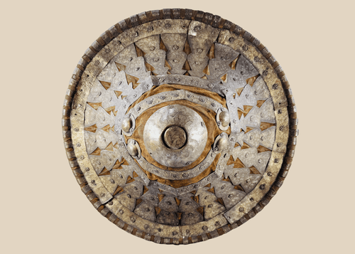 Antique Ethiopian Ras shield with velvet covering and ornate silvered metal mounts