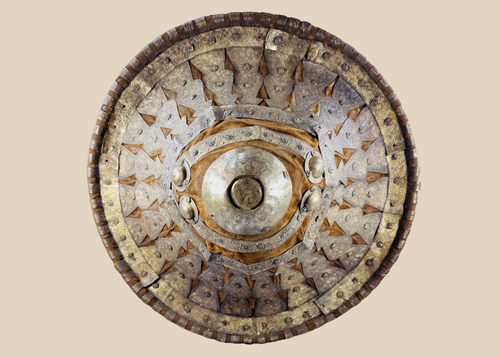 Antique Ethiopian Ras shield with velvet covering and ornate silvered metal mounts