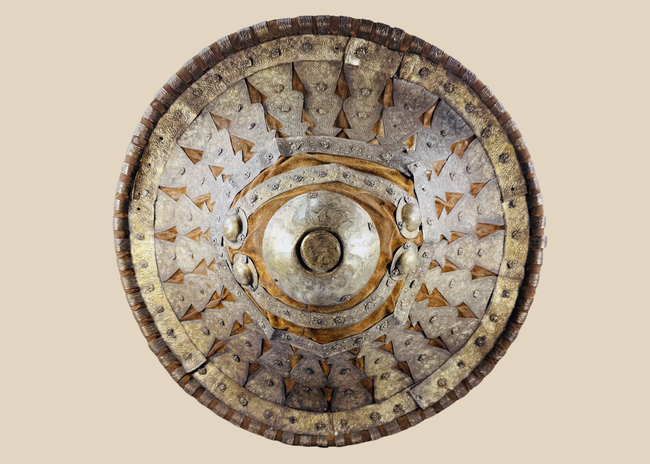 Antique Ethiopian Ras shield with velvet covering and ornate silvered metal mounts