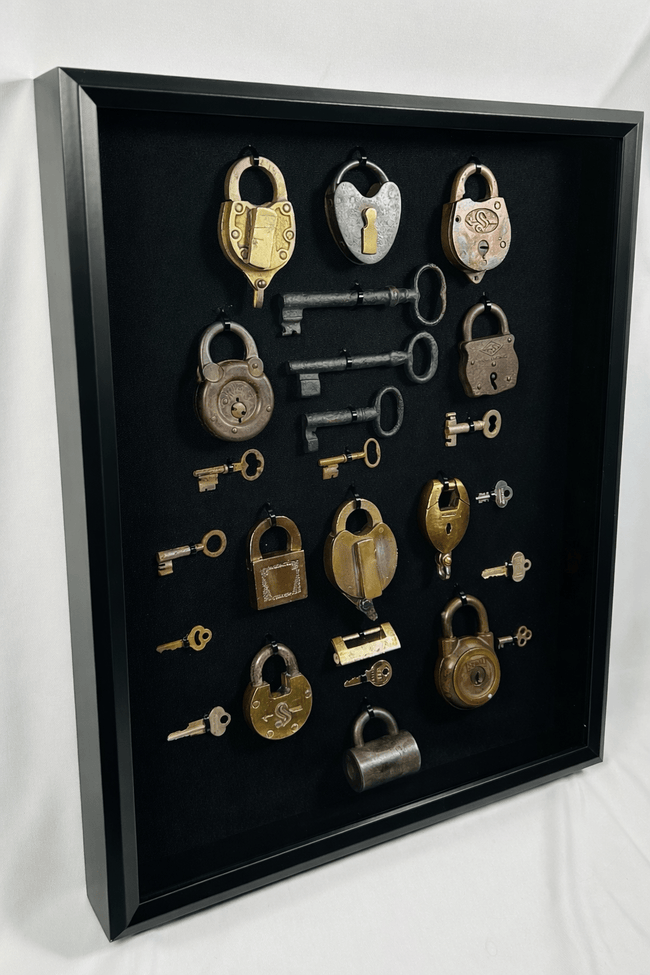 Antique locks and keys display showcasing early security mechanisms from the industrial era