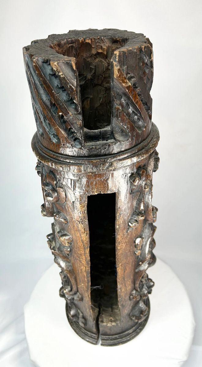 Edo-period Japanese carved wooden temple pillar fragment displayed on white background