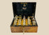 Victorian apothecary box by Edward Gould & Son, London, late 19th century. Burl wood case with brass fittings, velvet-lined interior, and twelve original labeled glass bottles with stoppers, including Arnica Montana, Belladonna, and Bryonia Alba. Reflects Victorian homeopathy, craftsmanship, and medical history.
