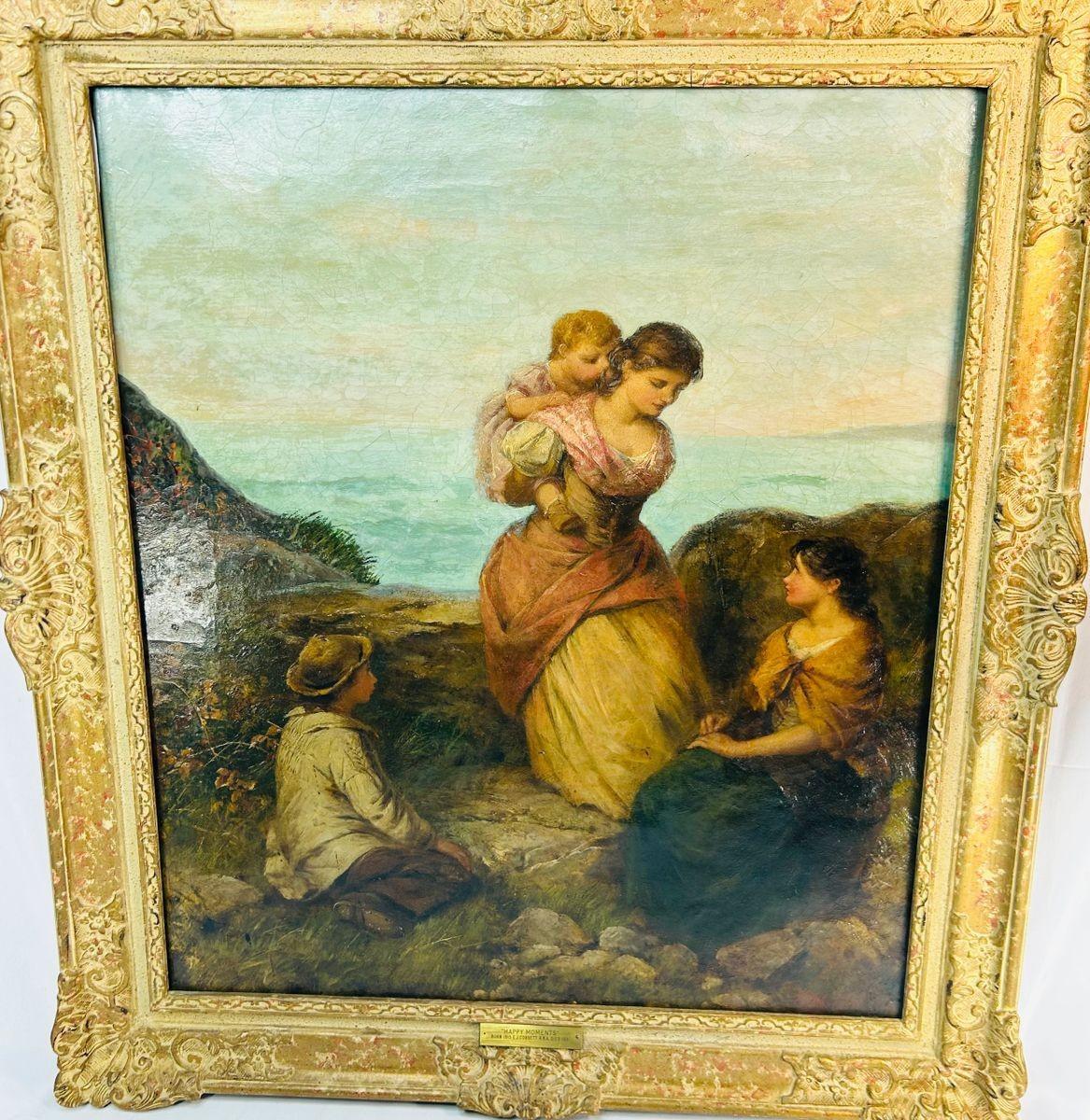 Victorian oil painting “Happy Moments” by Edward John Cobbett R.B.A., depicting a mother holding her child with figures in a rural coastal setting, framed in ornate gilt gesso, England, circa 1860–1880.