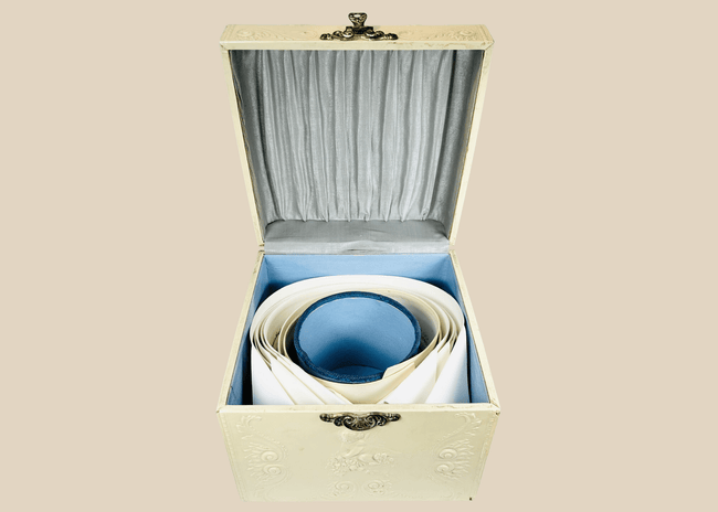 Edwardian collar box with embossed floral design and detachable linen collars