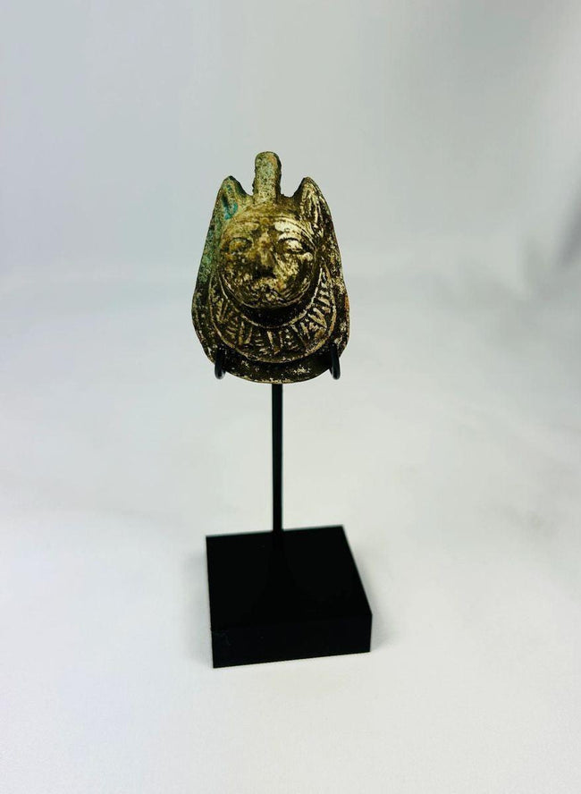 Ancient Egyptian carved stone amulet of Maahes, lion-headed god, 1070–664 BCE, Third Intermediate Period
