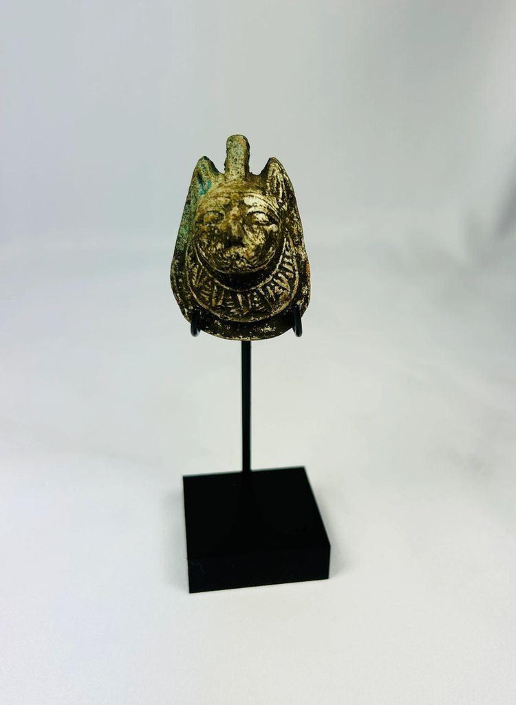 Ancient Egyptian carved stone amulet of Maahes, lion-headed god, 1070–664 BCE, Third Intermediate Period