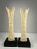 Pair of Egyptian-style carved bone candlestick holders with lotus and papyrus motifs on black display bases