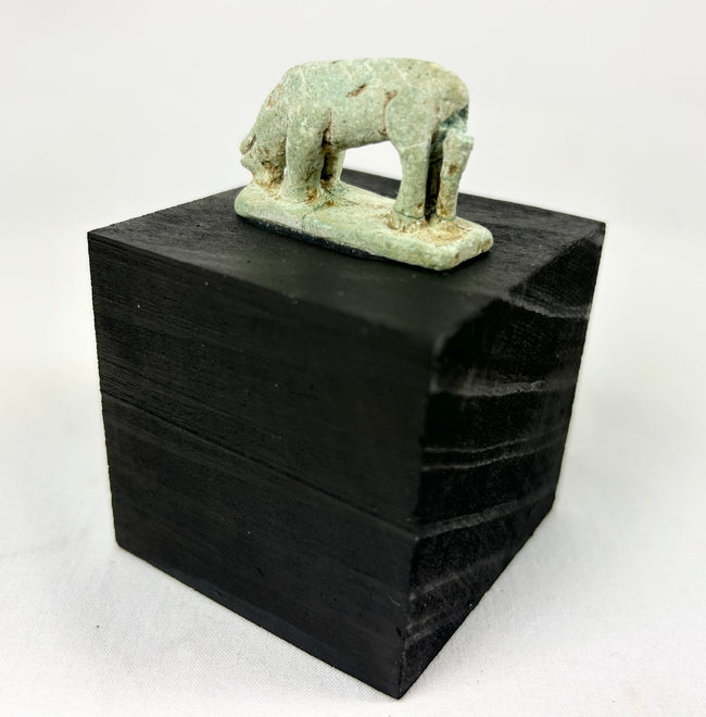 Ancient Egyptian protective shrew amulet, 664–30 BCE, pale green faience with burial wear.
