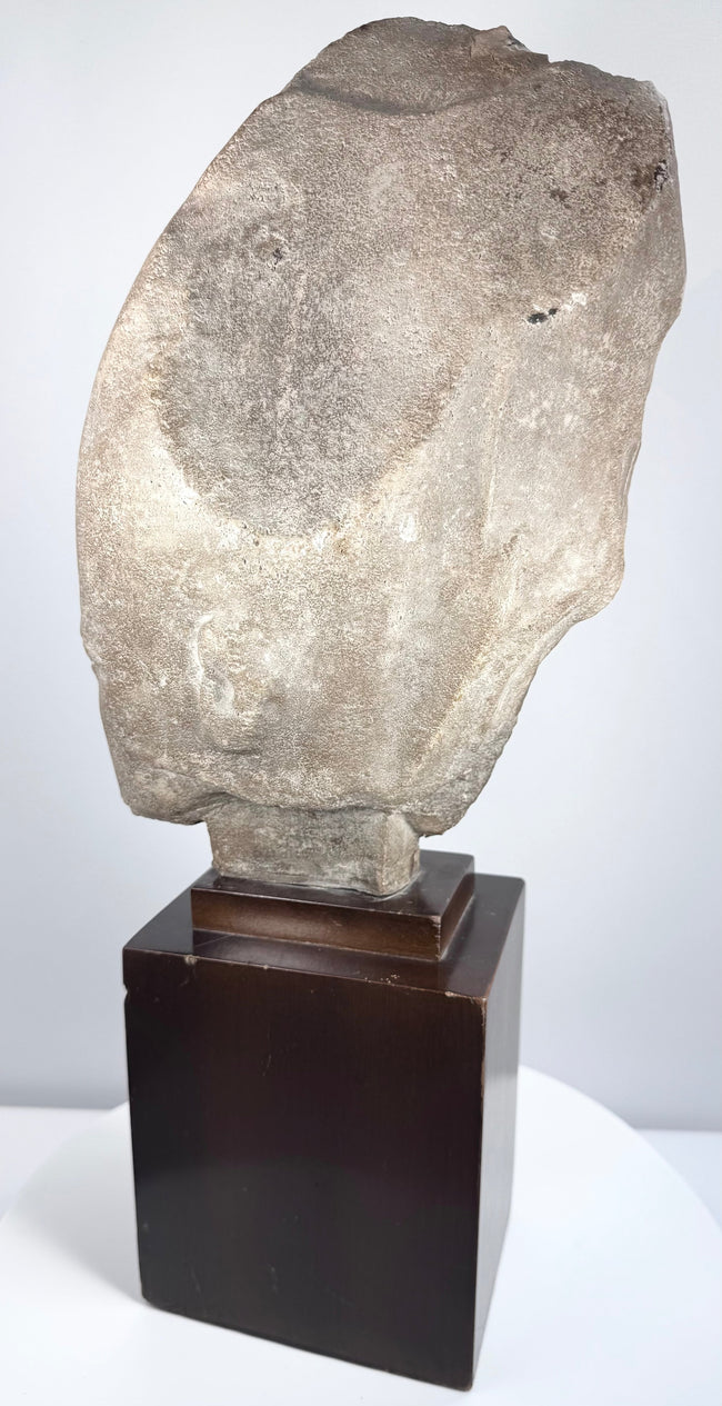 Rear view of the Egyptian Revival royal head showing the back of the crown and surface condition