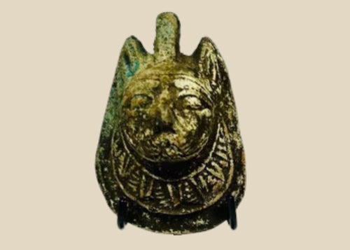 Ancient Egyptian carved stone amulet depicting Maahes, the lion-headed god of war, protection, and weather. Circa 1070–664 BCE, Third Intermediate Period. Compact personal charm with finely detailed features, symbolizing divine guardianship and strength. Excellent condition with smooth surface and preserved carving.
