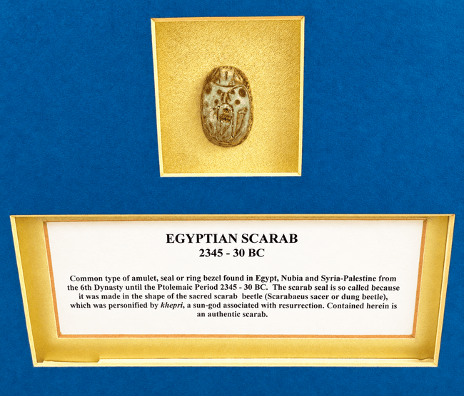 Historic Egyptian scarab amulet mounted within a recessed gold-toned display window against a deep blue background.