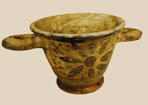 Ancient Etruscan terracotta skyphos with radial rosette decoration