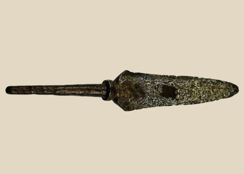 18th-century European forged iron spearhead with leaf-shaped blade, central ridge, and socketed base for shaft attachment, showing natural patina and surface wear.