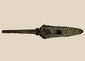 18th-century European forged iron spearhead with leaf-shaped blade, central ridge, and socketed base for shaft attachment, showing natural patina and surface wear.