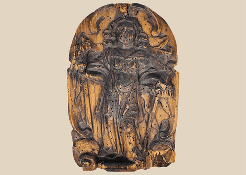 Antique 19th-century Continental European hand-carved wooden devotional relief depicting a standing Christian saint
