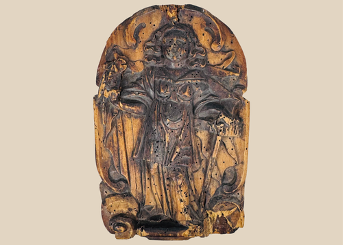 Antique 19th-century Continental European hand-carved wooden devotional relief depicting a standing Christian saint