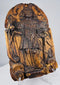 Antique European saint carving showing extensive age-related erosion, cracking, and surface losses