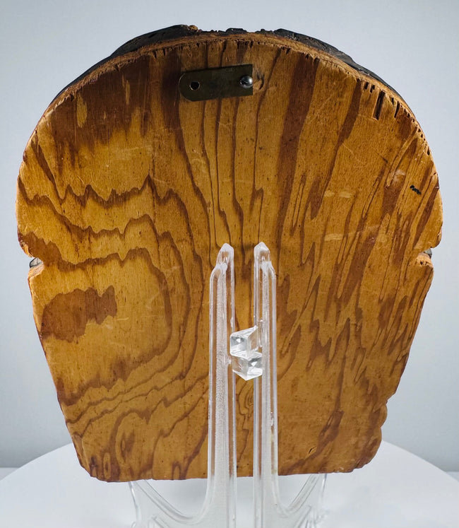 Full view of a Continental European carved wood saint relief measuring approximately 9 inches high