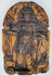Weathered European religious wood carving with a robed saint beneath a rounded ornamental arch