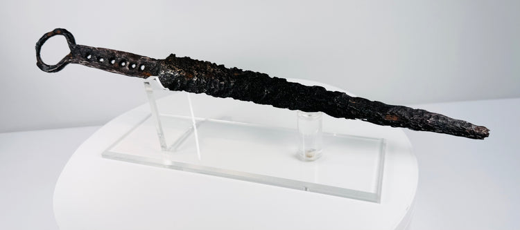 Medieval knight’s quillon dagger with corroded steel blade, crossguard and open ring pommel