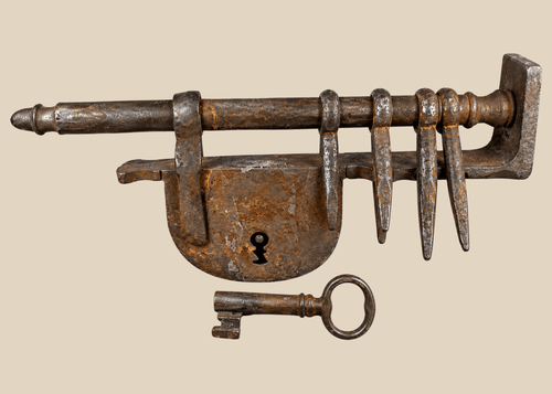 Antique 18th-century European wrought-iron sliding hasp gate lock with original-style key