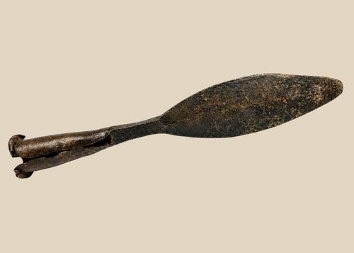 Antique European iron socketed spearhead, 18th century or earlier, featuring a double-edged leaf-shaped blade and rolled socket base. The piece shows natural patina and age-related wear, reflecting historic craftsmanship and its use in hunting, warfare, and ceremonial contexts.