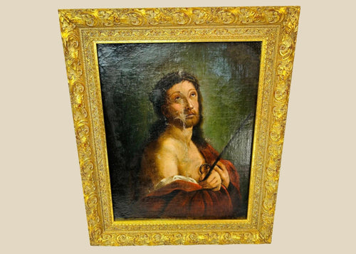 18th-century European oil painting of Jesus Christ crowned with thorns, in crimson drapery with ornate gilt frame.