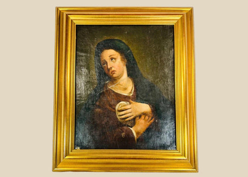 18th-century European oil painting of the Virgin Mary, shown in sorrowful devotion with upward gaze, red garment, dark mantle, and chiaroscuro background.