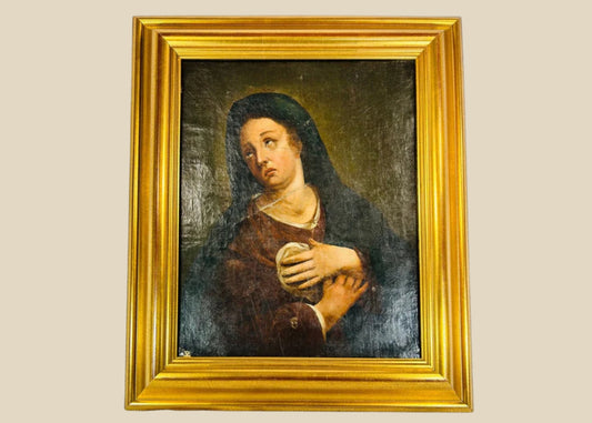 18th-century European oil painting of the Virgin Mary, shown in sorrowful devotion with upward gaze, red garment, dark mantle, and chiaroscuro background.