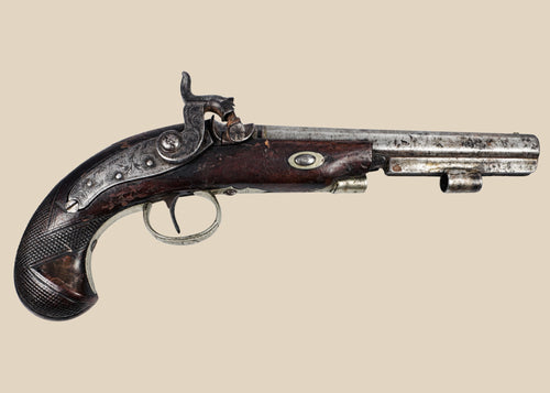 19th-century Fenton London .62 caliber percussion pistol with octagonal barrel, ornate hand-engraved lock and hammer, walnut stock with checkered grip, fine example of English gunsmithing, circa 1840–1860