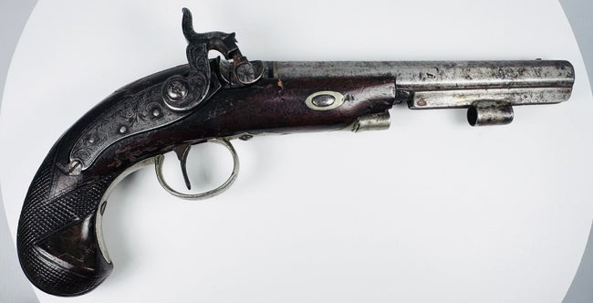Antique Fenton of London percussion pistol with engraved steel barrel and walnut stock, 19th century