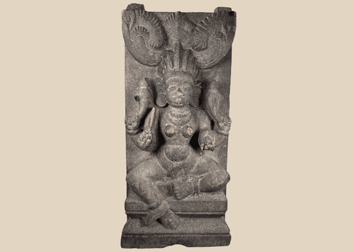 Antique Indian carved wood panel depicting the Hindu goddess Gajalakshmi