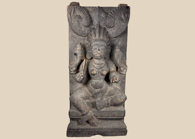 Antique Indian carved wood panel depicting the Hindu goddess Gajalakshmi