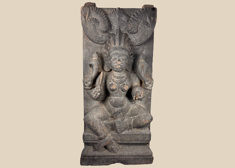 Antique Indian carved wood panel depicting the Hindu goddess Gajalakshmi