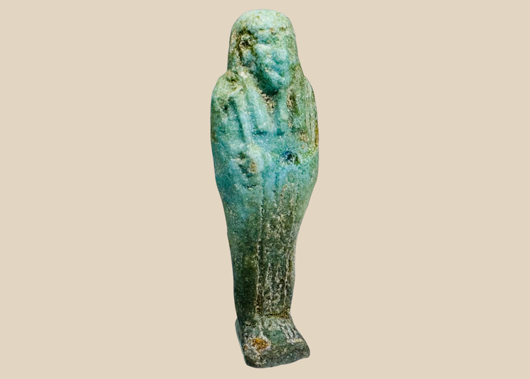 Ancient Egyptian inscribed faience ushabti with blue-green glaze, circa 600–30 BCE