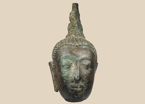 Thai Sukhothai bronze Buddha head with flame finial, circa 14th–15th century CE